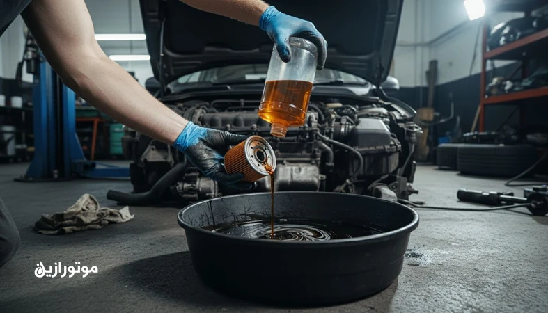 صحنه اتوسرویس با موتور باز و مایع شست‌وشوی موتور (Engine Flush) کنار فیلتر روغن؛ نمایش تصمیم درست بین فلاش مفید یا مضر