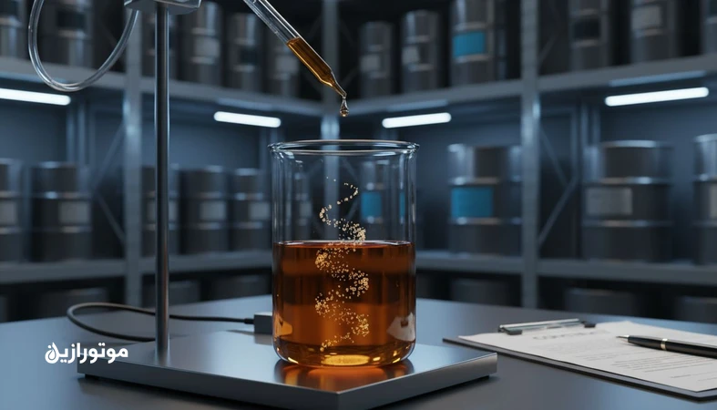 نمایی از آزمایشگاه روغن موتور با ظرف روغن که ذرات افزودنی در آن دیده می‌شود و در پس‌زمینه اشاره به قراردادهای تامین و تغییر فرمول روغن موتور