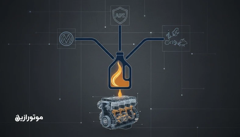 تصویر مفهومی درخت تصمیم انتخاب روغن موتور بر اساس تأییدیه OEM و استانداردهای API و ACEA در کنار موتور خودرو