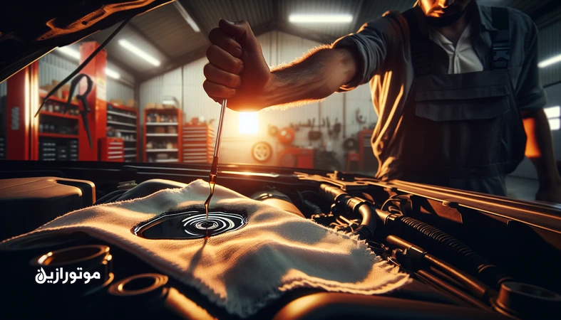 بررسی سیگنالهای روغن موتور روی دیپاستیک توسط تعمیرکار حرفهای در تعمیرگاه برای تشخیص وضعیت موتور