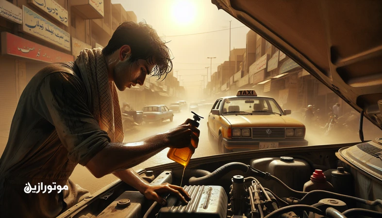 اتوسرویس در جهرم در گرمای ۴۵ درجه که مکانیک در حال چک کردن روغن موتور خودروی پرکارکرد است