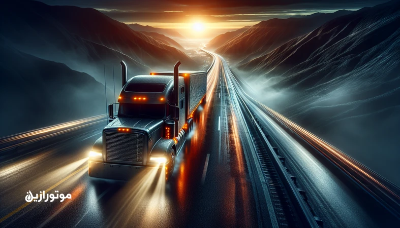 کامیون در حال حرکت در شیب طولانی با بار کامل؛ تصویر مفهومی از فشار حرارتی و اهمیت انتخاب و نگهداری روغن موتور