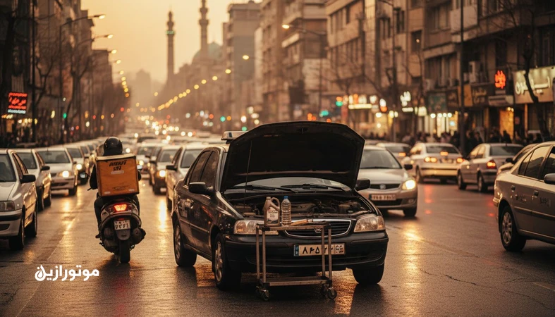 تصویر خودرو تاکسی اینترنتی و موتور پیک شهری در ترافیک؛ اشاره به انتخاب روغن موتور مناسب برای کارکرد سنگین و تعویض فشرده