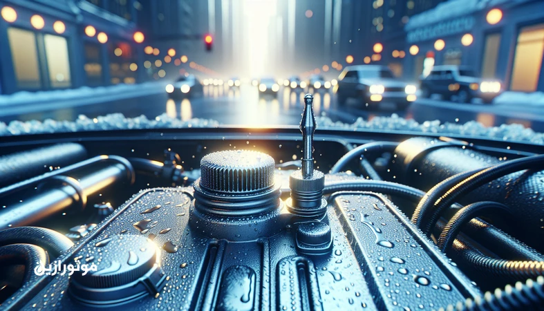 تصویر موتور خودرو با بخار رطوبت در صبح سرد و پس‌زمینه ترافیک شهری؛ مرتبط با انتخاب روغن موتور مناسب سفرهای کوتاه و استارت سرد