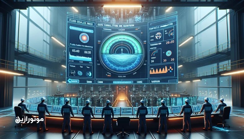Visual dashboard of Fluid Health Index for lubricant condition monitoring in a modern gas power plant with engineers analyzing oil health data