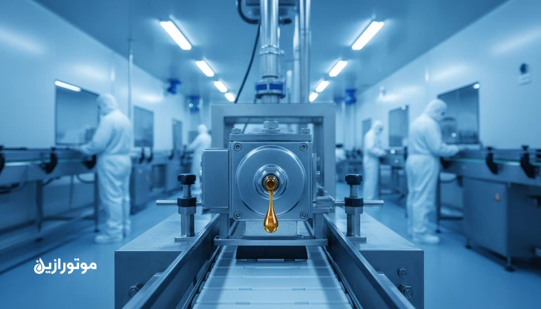 تصویر صنعتی از خط تولید غذایی/دارویی با گیربکس و کانوایر که مفهوم روانکار Food Grade و استانداردهای H1، H2 و H3 و ریسک آلودگی را نشان می‌دهد