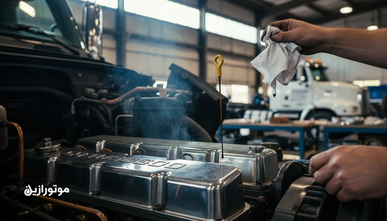 نشانه‌های رقیق‌شدن سوخت در روغن موتور کامیون؛ بررسی سطح روغن با گیج و بوی گازوئیل در تعمیرگاه