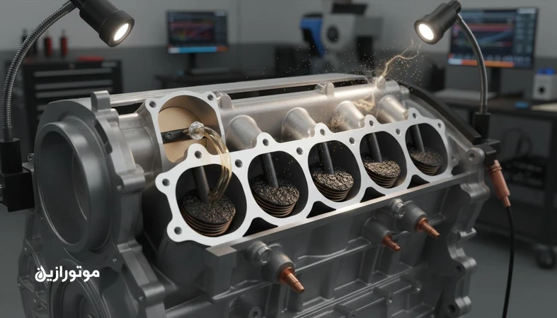 نمای نزدیک از سوپاپ‌های ورودی موتور GDI با رسوب کربنی و مسیر بخار روغن در سیستم PCV برای توضیح نقش تبخیر روغن و انتخاب گرید مناسب