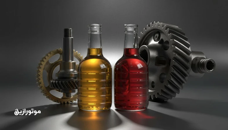 مقایسه روغن دنده GL 4 و GL 5 کنار قطعات گیربکس دستی و دیفرانسیل برای توضیح سازگاری با سینکرونایزر و انتخاب درست روغن گیربکس