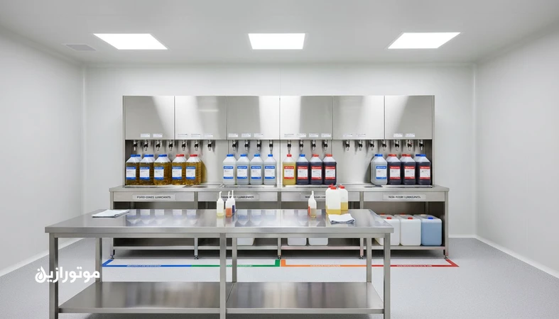 اتاق روانکار مطابق GMP در کارخانه غذا و دارو با اجرای 5S، رنگ‌کد، جداسازی مواد و برچسب‌گذاری برای کاهش ریسک آلودگی