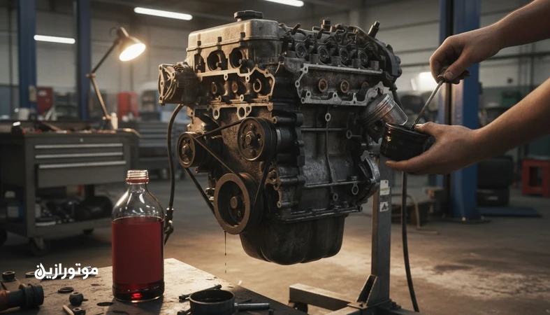 نمای نزدیک از موتور پرکارکرد و تعویض روغن High Mileage برای خودروهای بالای ۱۵۰ هزار کیلومتر در یک تعمیرگاه