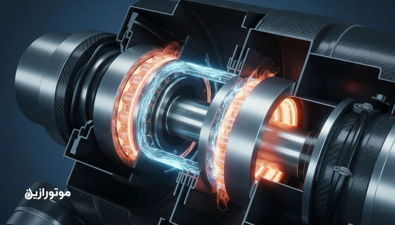 نمای برشی از یاتاقان دوربالا در موتور هوایی با فیلم روغن پایدار در دمای بالا و جریان هیدرودینامیکی روانکار