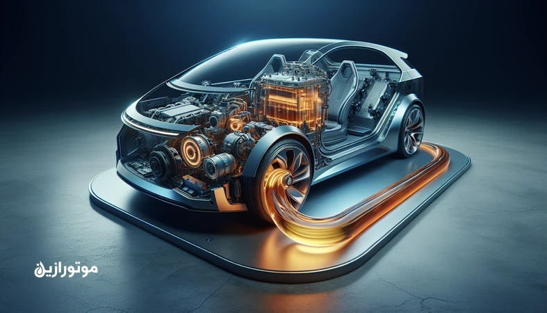 نمای نزدیک از پیشرانه خودروی هیبرید و پلاگین‌هیبرید با جریان روغن موتور، نماد انتخاب روانکار سازگار با استارت‌های مکرر و سیکل‌های حرارتی