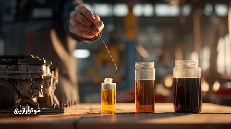 مکانیک در حال بررسی گیج روغن موتور و مقایسه روغن تازه و کارکرده برای تصمیم‌گیری درباره تعویض زودهنگام روغن