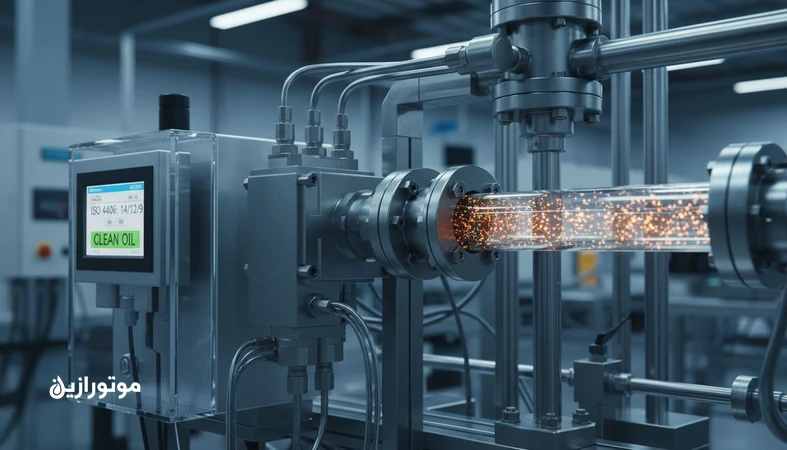 نمای نزدیک از سیستم هیدرولیک حساس و نمایش تمیزی روغن بر اساس ISO 4406 با ذرات معلق و دستگاه شمارش ذرات
