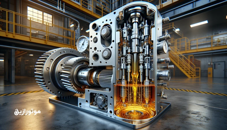 تصویر مفهومی طبقه‌بندی ISO VG در روغن‌های صنعتی با نمایش جریان روغن، گیج‌های فشار و سنسور دما برای انتخاب ویسکوزیته مناسب