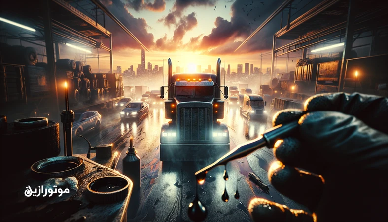 کامیون شهری در ترافیک در حالت درجا و بررسی روغن موتور برای نشان دادن فرسودگی روغن در Idle طولانی