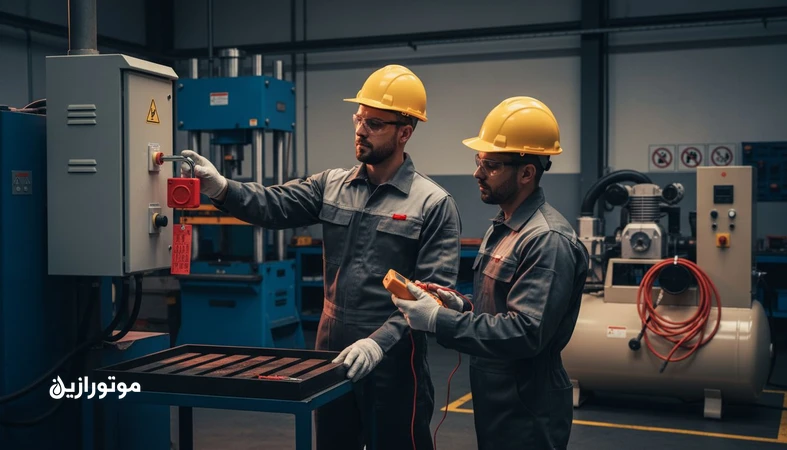 اجرای چک‌لیست قفل و برچسب‌گذاری LOTO در تعمیرات با قفل ایمنی و برچسب روی کلید قطع برق برای کنترل انرژی‌های خطرناک
