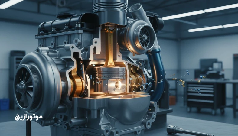 تصویر مقطعی موتور توربوشارژ کوچک با نمایش پیستون و اثر احتراق زودهنگام LSPI و نقش روغن موتور و افزودنی‌ها