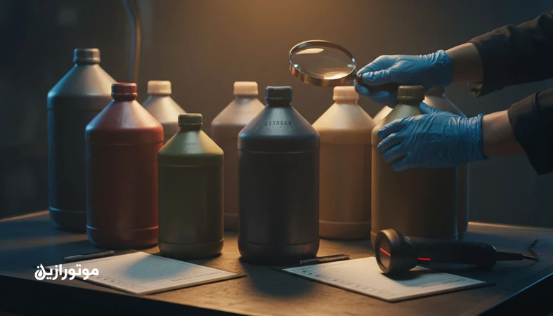 بازرسی اصالت روانکار و تشخیص روغن تقلبی با بررسی پلمب، لیبل و بچ‌کد روی میز کارگاه
