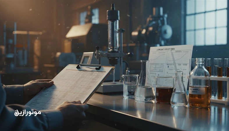 تصویر مهندس در حال بررسی دیتاشیت روانکار با نمونه روغن و تجهیزات آزمون؛ مرتبط با پارامترهای تصمیم‌ساز مانند ویسکوزیته، HTHS، NOACK و TBN/TAN