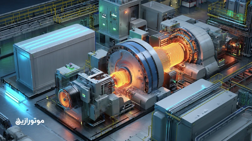 نمایی صنعتی از سیستم‌های ذخیره‌سازی انرژی ESS با باتری، فلای‌ویل و گیربکس و مدار روغن‌کاری برای مقاله روغن‌کاری در Energy Storage Systems