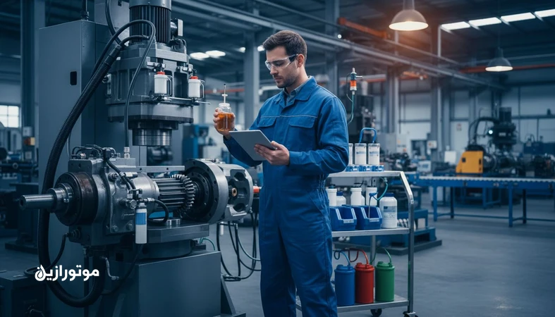 مهندس نگهداری در کارخانه قطعه‌سازی در حال اجرای چک‌لیست PM روانکاری کنار پرس هیدرولیک و ایستگاه روغن صنعتی