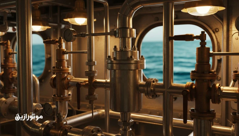 نمای نزدیک از سیستم روانکاری دریایی با رسوب وارنیش کهربایی روی شیرها و لوله‌ها، مرتبط با مدیریت وارنیش و پاک‌سازی روغن در شناورها