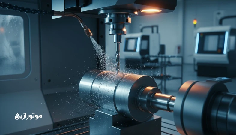 تصویر دستگاه CNC در حال ماشین‌کاری با پاشش مه روغن MQL برای کاهش مصرف سیال و کنترل سایش ابزار
