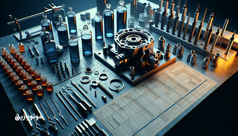 تصویر مفهومی از خوانش تخصصی استانداردهای جدید ACEA برای روغن موتورهای بنزینی و دیزلی با المان‌های آزمایشگاهی و قطعات موتور