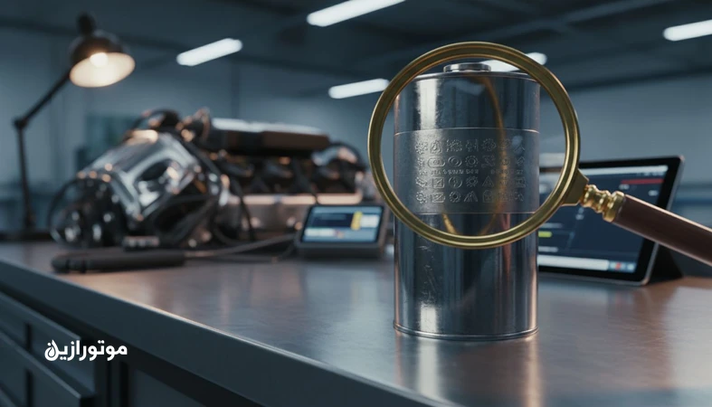 نمای نزدیک از قوطی روغن موتور با ذره‌بین روی کدهای تأییدیه OEM؛ تصویر مفهومی درباره معنای واقعی تأییدیه‌های سازنده روی روغن موتور
