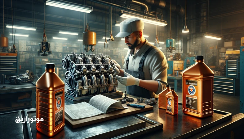 مقایسه روغن موتور با تأییدیه خودروساز و روغن بدون تأییدیه کنار موتور بازشده در تعمیرگاه