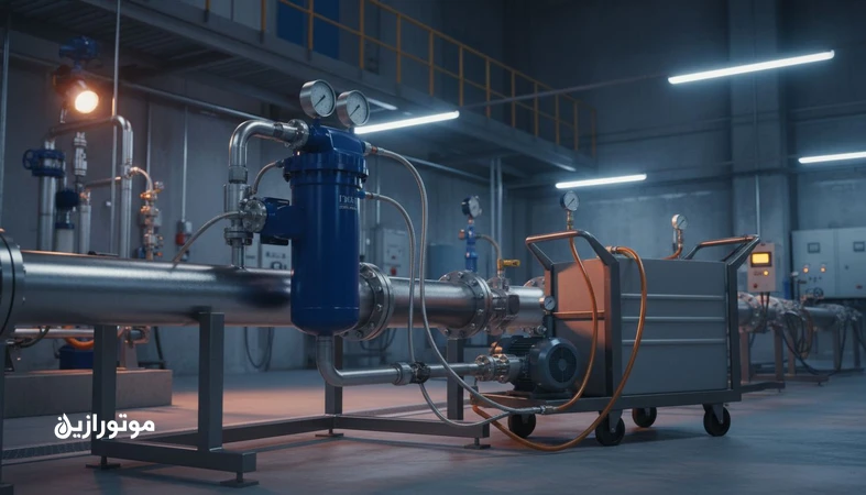 نمایی از سیستم روغن نیروگاهی با فیلتراسیون آنلاین در مسیر اصلی و فیلتراسیون آفلاین (kidney loop) برای کنترل ذرات، آب و وارنیش