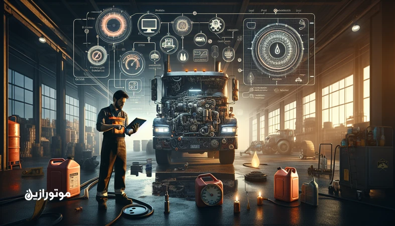 تصویر تعمیرگاه ناوگان سنگین با تمرکز بر ثبت مصرف سوخت و زمان‌بندی تعویض روغن موتور دیزلی بر اساس سوخت مصرفی