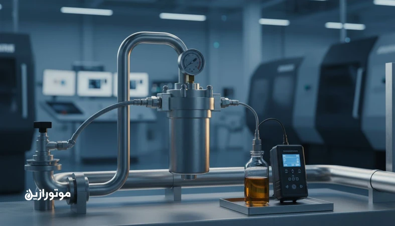 نمای نزدیک از سیستم فیلتراسیون و نمونه برداری روغن در یک خط صنعتی حساس برای تبدیل پاکیزگی روغن به KPI با کد ISO 4406