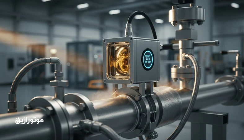 نمای نزدیک از سنسور پایش آنلاین ویسکوزیته روغن روی خط لوله روانکار با نمایشگر داده و روغن کهربایی در محیط صنعتی