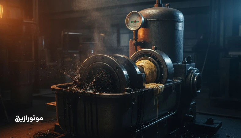 تصویر شماتیک از روانکاری بیش از حد که باعث افزایش دمای کاری، کف کردن روغن و تشدید سایش در موتور و یاتاقان می شود