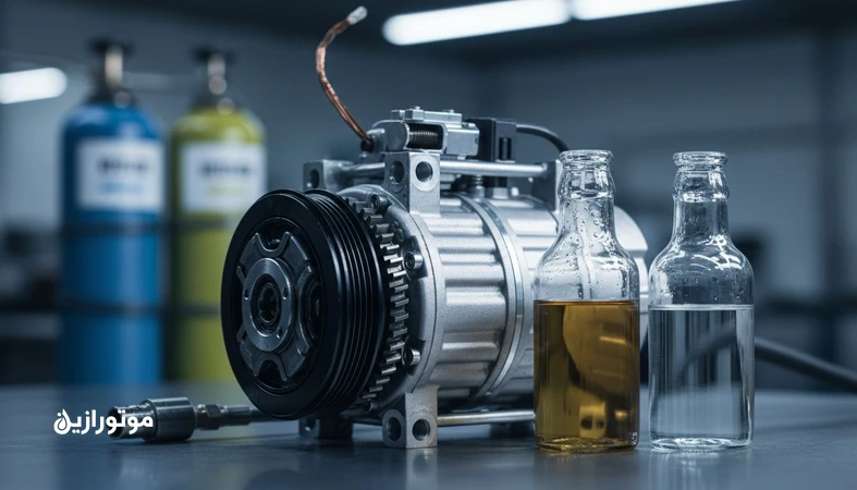 مقایسه روغن کمپرسور کولر PAG و POE کنار یک کمپرسور کولر خودرو با تاکید بر سازگاری با مبرد و رطوبت پذیری