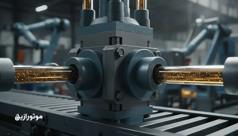 نمای نزدیک از شیر هیدرولیک صنعتی و جریان روغن با ذرات معلق؛ اشاره به آلودگی ذرات و خرابی تکراری شیرها در خطوط تولید