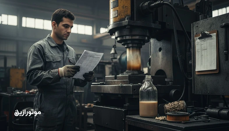 تکنسین نگهداری در سایت صنعتی با چک‌لیست PM کپی‌شده و نمونه روغن کدر؛ نمایش شکست اجرایی PM و نقش آلودگی و پایش وضعیت