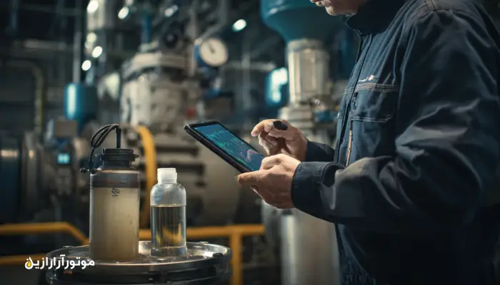 نمای یک مهندس نت و سرپرست PM در کارگاه صنعتی که روی تبلت، چک‌لیست نگهداری پیشگیرانه را بررسی می‌کنند؛ کنار آن پمپ، گیربکس، فیلتر خطی و پورت نمونه‌گیری روغن دیده می‌شود 
