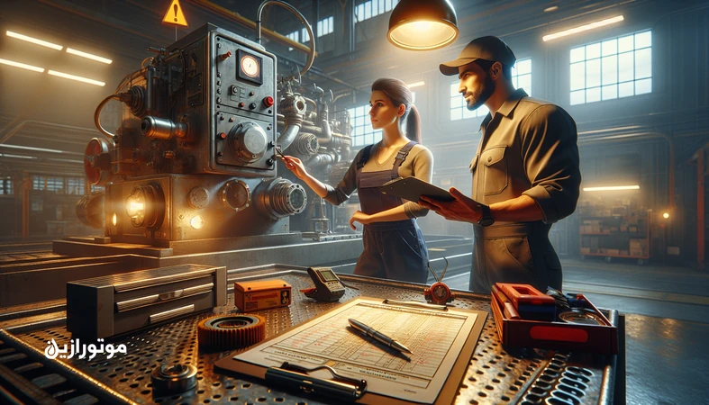 صحنه تعمیرگاه و نگهداری تجهیزات با نشانه‌های PM واکنشی و CM پنهان؛ بررسی نشتی روغن، پایش وضعیت و چک‌لیست نگهداری