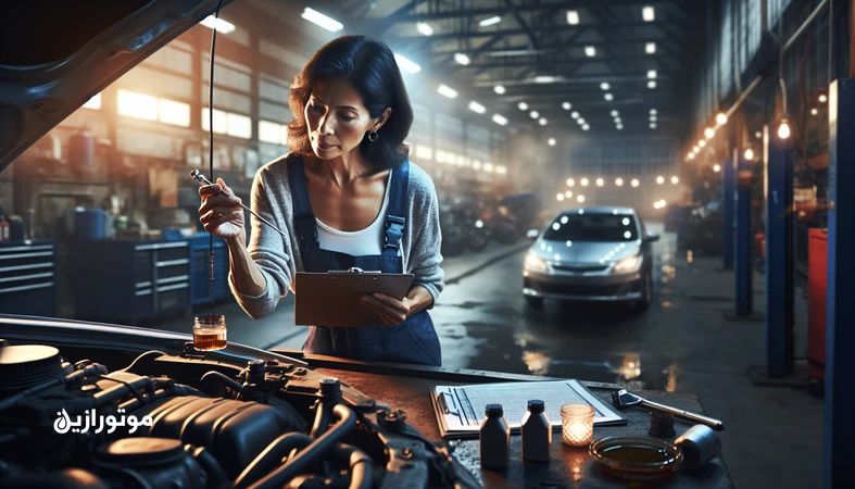 طراحی برنامه تعویض روغن بر اساس شرایط کارکرد واقعی؛ مکانیک در حال بررسی گیج روغن و برنامه سرویس در تعمیرگاه