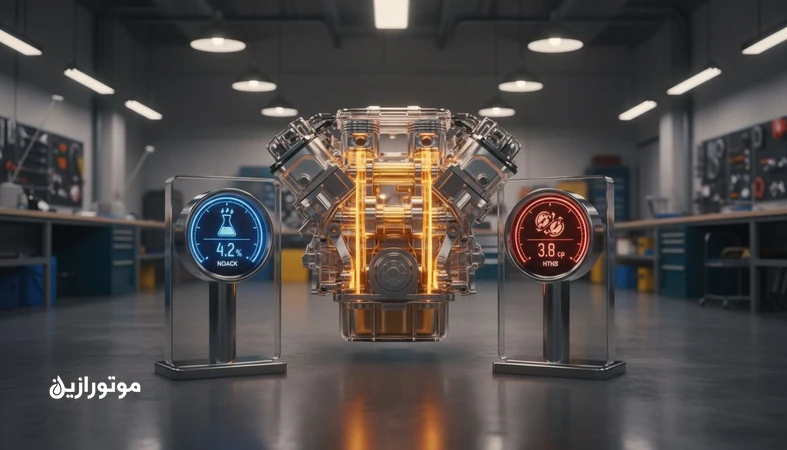 تصویر مفهومی کاهش مصرف روغن موتور با تفسیر همزمان شاخص‌های NOACK و HTHS در شرایط دمای بالا و برش زیاد