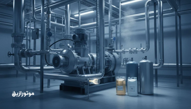 سازگاری روغن و مبرد در تبدیل مبرد سردخانه؛ نمایش کمپرسور، سیلندر مبرد و روغن برای تحلیل خطاهای Retrofit