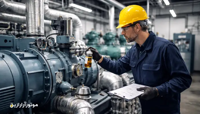 تکنسین تعمیرات سردخانه در حال نمونه‌گیری و بررسی روغن کمپرسور تبرید داخل موتورخانه؛ پایش وضعیت برای جلوگیری از خرابی و توقف سیستم 