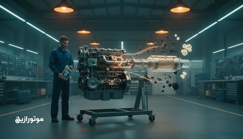 تصویر فنی از موتور دیزل سنگین با نمایش DPF و SCR و مفهوم SAPS برای انتخاب روغن سازگار با سیستم پس‌پالایش