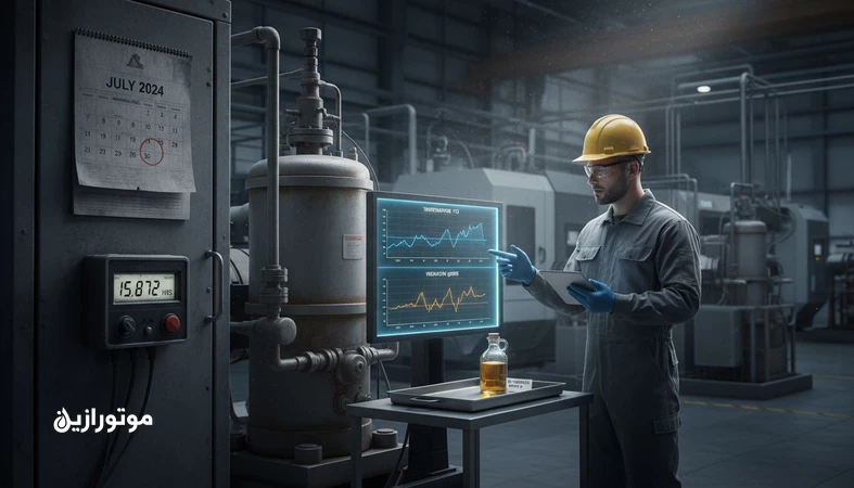 مدل تصمیم‌گیری فاصله سرویس روانکاری با ساعت کارکرد و پایش وضعیت روغن (condition monitoring) شامل نمونه‌گیری و پایش دما و ویبره