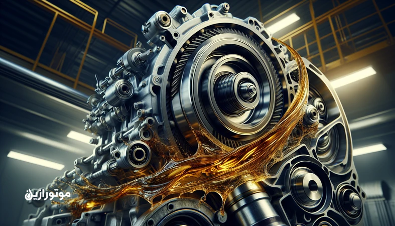 نمای نزدیک از موتور دیزلی و لایه روغن که مفهوم شاخص پایداری برشی SSI و حفظ ویسکوزیته تحت برش بالا را نشان می‌دهد