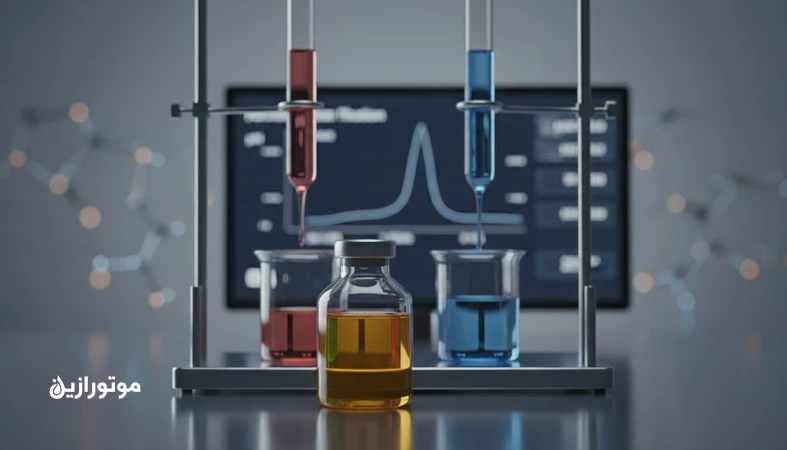 تصویر مفهومی آنالیز روغن با نمایش تعادل اسیدی–قلیایی TAN و TBN برای تفسیر پروفایل اسیدی–قلیایی روغن